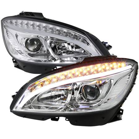 Spec'D Tuning Products - Spec-D 2008-2011 Mercedes Benz W204 C Class Projector Headlights w/ LED Light Bar & LED Turn Signal Lights (Chrome Housing/Clear Lens)