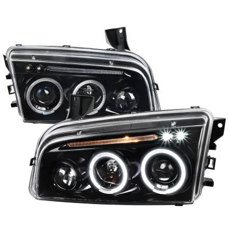 Spec'D Tuning Products - Spec-D 2005-2010 Dodge Charger Dual Halo Projector Headlights (Jet Black Housing/Clear Lens)