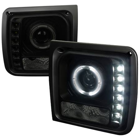 Spec'D Tuning Products - Spec-D 1997-2001 Jeep Cherokee Halo Projector Headlights w/ SMD LED Light Strip (Black Housing/Smoke Lens)