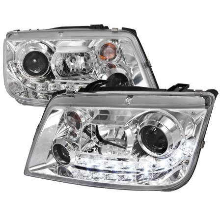Spec'D Tuning Products - Spec-D 1999-2004 Volkswagen Jetta/Bora Projector Headlights w/ R8 Style LED Light Strip (Chrome Housing/Clear Lens)
