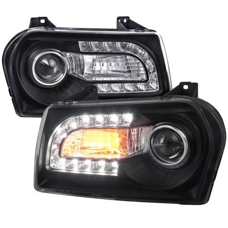 Spec'D Tuning Products - Spec-D 2005-2010 Chrysler 300 Base/LX/Touring Projector Headlights w/ LED Light Strip & LED Turn Signal Lights (Matte Black Housing/Clear Lens)
