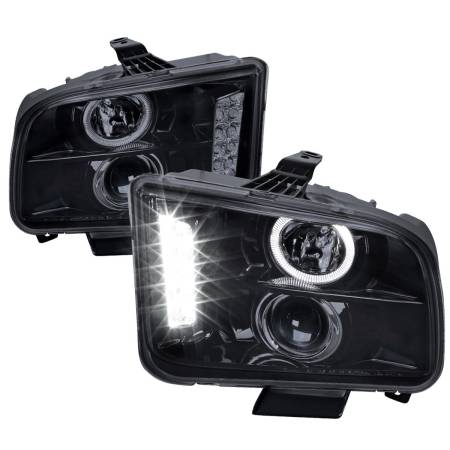 Spec'D Tuning Products - Spec-D 2005-2009 Ford Mustang Halo Projector Headlights w/ LED Light Strip (Glossy Black Housing/Smoke Lens)