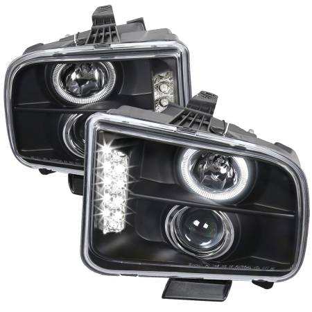Spec'D Tuning Products - Spec-D 2005-2009 Ford Mustang Halo Projector Headlights w/ LED Light Strip (Matte Black Housing/Clear Lens)
