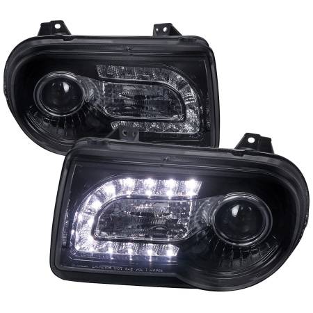 Spec'D Tuning Products - Spec-D 2005-2010 Chrysler 300 Projector Headlights w/ LED Light Strip (Glossy Black Housing/Smoke Lens)