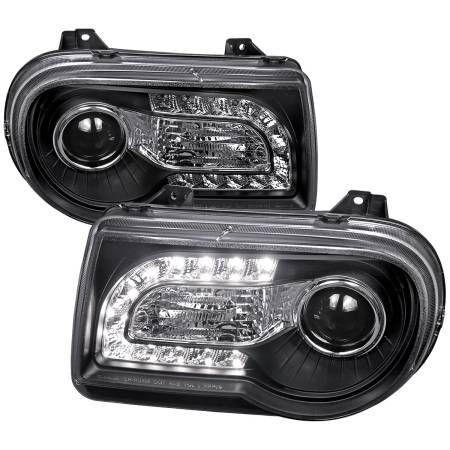 Spec'D Tuning Products - Spec-D 2005-2010 Chrysler 300 Projector Headlights w/ LED Light Strip (Matte Black Housing/Clear Lens)