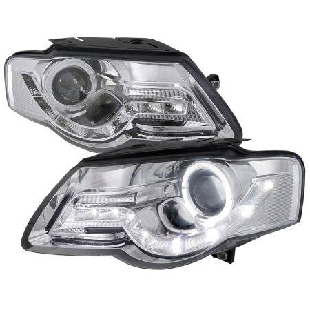 Spec'D Tuning Products - Spec-D 2006-2010 Volkswagen Passat Halo Projector Headlights w/ R8 Style LED Light Strip (Chrome Housing/Clear Lens)
