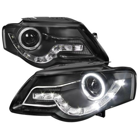 Spec'D Tuning Products - Spec-D 2006-2010 Volkswagen Passat Halo Projector Headlights w/ R8 Style LED Light Strip (Matte Black Housing/Clear Lens)