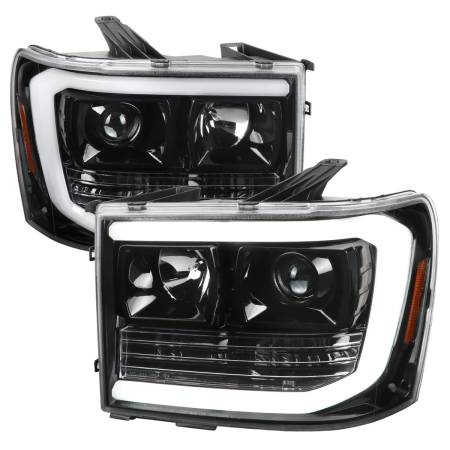 Spec'D Tuning Products - Spec-D 2007-2013 GMC Sierra 1500 / 2007-2014 Sierra 1500HD 2500HD 3500HD / 2009-2013 Sierra 1500 Hybrid LED C-Bar Projector Headlights (Jet Black Housing/Clear Lens)