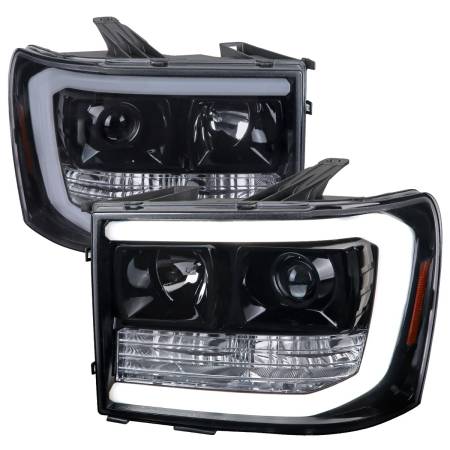 Spec'D Tuning Products - Spec-D 2007-2013 GMC Sierra 1500 / 2007-2014 Sierra 1500HD 2500HD 3500HD / 2009-2013 Sierra 1500 Hybrid LED C-Bar Projector Headlights (Glossy Black Housing/Smoke Lens)