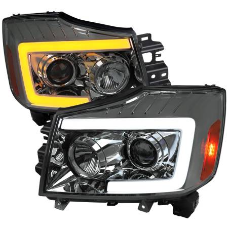 Spec'D Tuning Products - Spec-D 2004-2015 Nissan Titan / 2004-2007 Armada LED C-Bar Projector Headlights w/ Switchback Sequential Turn Signals (Chrome Housing/Smoke Lens)