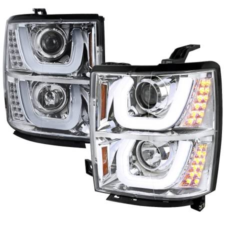 Spec'D Tuning Products - Spec-D 2014-2015 Chevrolet Silverado 1500 Dual LED U-Bar Projector Headlights w/ LED Turn Signal Lights (Chrome Housing/Clear Lens)