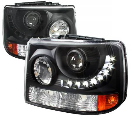 Spec'D Tuning Products - Spec-D 1999-2002 Chevrolet Silverado 1500 2500/ 2000-2006 Tahoe Suburban 1PC Projector Headlights w/ LED Light Strip & Bumper Lights (Matte Black Housing/Clear Lens)