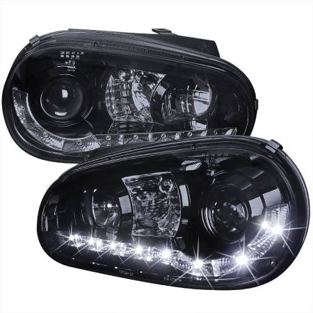 Spec'D Tuning Products - Spec-D 1999-2006 Volkswagen Golf Mk4 GTI/R32 Cabrio Projector Headlights w/ R8 Style LED Light Strip (Glossy Black Housing/Smoke Lens)