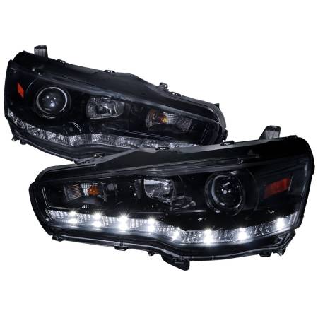 Spec'D Tuning Products - Spec-D 2008-2015 Mitsubishi Lancer EVO Projector Headlights w/ SMD LED Light Strip (Glossy Black Housing/Smoke Lens)