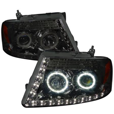 Spec'D Tuning Products - Spec-D 2004-2008 Ford F-150/ 2006-2008 Lincoln Mark LT Dual Halo Projector Headlights w/ LED Light Strip (Chrome Housing/Smoke Lens)