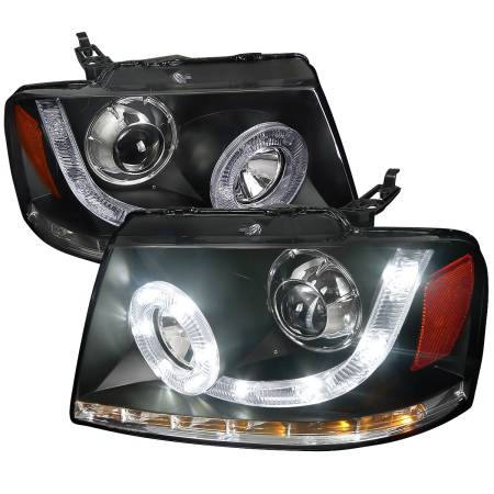Spec'D Tuning Products - Spec-D 2004-2008 Ford F-150/ 2006-2008 Lincoln Mark LT Halo Projector Headlights w/ SMD LED Light Strip & LED Turn Signal Lights (Matte Black Housing/Clear Lens)