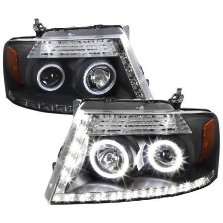 Spec'D Tuning Products - Spec-D 2004-2008 Ford F-150/ 2006-2008 Lincoln Mark LT Dual Halo Projector Headlights w/ LED Light Strip (Matte Black Housing/Clear Lens)