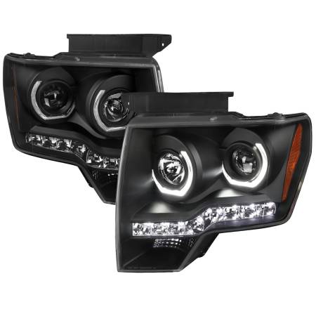 Spec'D Tuning Products - Spec-D 2009-2014 Ford F-150 Dual U-Ring Halo Projector Headlights w/ LED Light Strip (Matte Black Housing/Clear Lens)