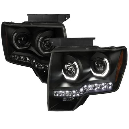 Spec'D Tuning Products - Spec-D 2009-2014 Ford F-150 Dual U-Ring Halo Projector Headlights w/ LED Light Strip (Black housing/Smoke Lens)