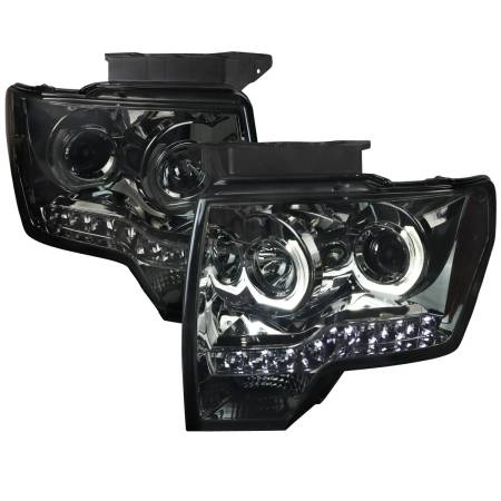 Spec'D Tuning Products - Spec-D 2009-2014 Ford F-150 Dual U-Ring Halo Projector Headlights w/ LED Light Strip (Chrome Housing/Smoke Lens)