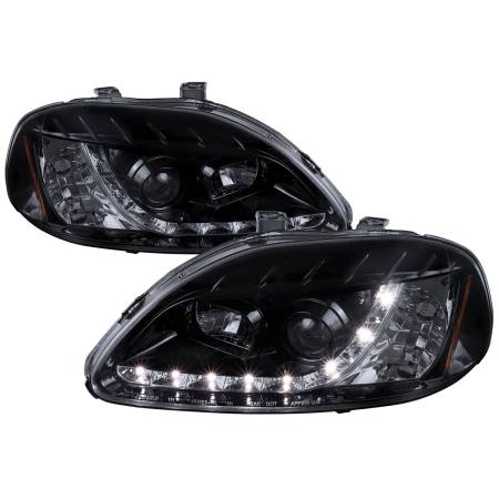 Spec'D Tuning Products - Spec-D 1996-1998 Honda Civic Projector Headlights w/ R8 Style LED Light Strip (Glossy Black Housing/Smoke Lens)