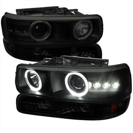 Spec'D Tuning Products - Spec-D 1999-2002 Chevrolet Silverado/ 2000-2006 Tahoe Suburban Dual Halo Projector Headlights w/ Bumper Lights (Black Housing/Smoke Lens)