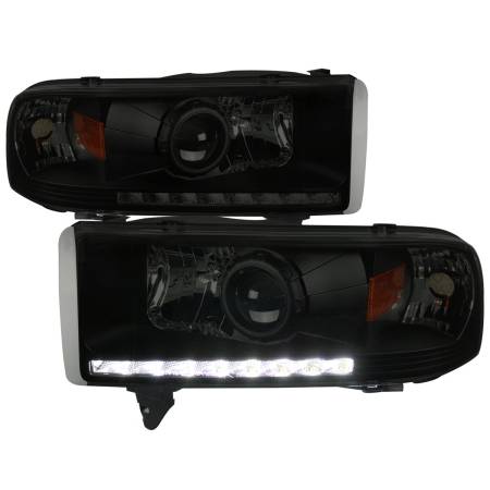 Spec'D Tuning Products - Spec-D 1994-2001 Dodge RAM 1500/ 1994-2002 RAM 2500 3500 Projector Headlights w/ SMD LED Light Strip (Black Housing/Smoke Lens)