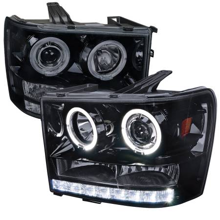 Spec'D Tuning Products - Spec-D 2007-2014 GMC Sierra SMD Dual Halo Projector Headlights (Glossy Black Housing/Smoke Lens)