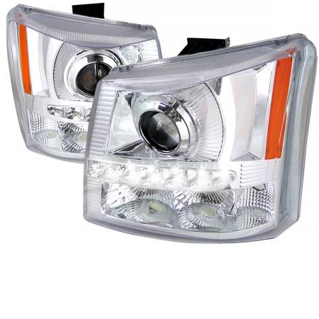 Spec'D Tuning Products - Spec-D 2002-2006 Chevrolet Avalanche/ 2003-2007 Silverado 1PC Style Projector Headlights w/ SMD LED Light Strip & Bumper Lights (Chrome Housing/Clear Lens)