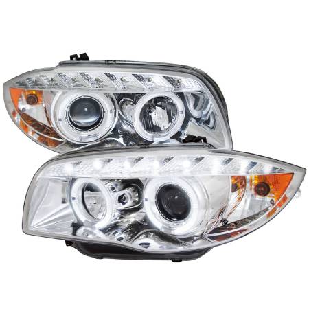 Spec'D Tuning Products - Spec-D 2004-2013 BMW E81 E82 E87 E88 Dual Halo Projector Headlights w/ LED Light Strip (Chrome Housing/Clear Lens)