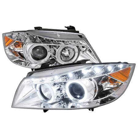 Spec'D Tuning Products - Spec-D 2006-2008 BMW E90 3 Series Sedan Dual Halo Projector Headlights w/ LED Light Strip (Chrome Housing/Clear Lens)