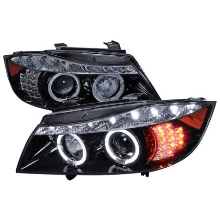 Spec'D Tuning Products - Spec-D 2006-2008 BMW E90 3 Series Sedan Dual Halo Projector Headlights w/ LED Light Strip & LED Turn Signal Lights (Glossy Black/Smoke Lens)
