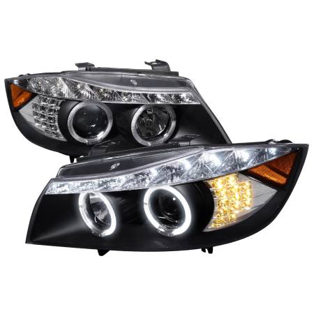 Spec'D Tuning Products - Spec-D 2006-2008 BMW E90 3 Series Sedan Dual Halo Projector Headlights w/ LED Light Strip & LED Turn Signal Lights (Matte Black Housing/Clear Lens)