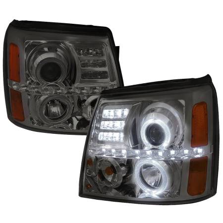 Spec'D Tuning Products - Spec-D 2002-2006 Cadillac Escalade Dual Halo Projector Headlights w/ SMD LED Light Strip (Chrome Housing/Smoke Lens)