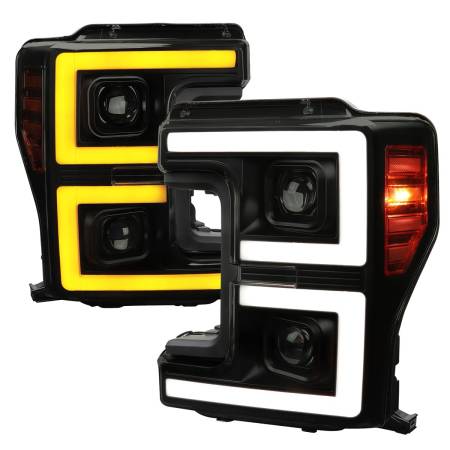 Spec'D Tuning Products - Spec-D 2017-2019 Ford F-250 F-350 F-450 F-550 LED C-Bar Projector Headlights w/ Switchback Sequential Turn Signals (Glossy Black Housing/Smoke Lens)