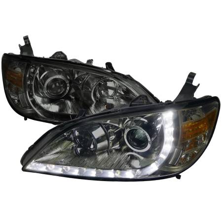 Spec'D Tuning Products - Spec-D 2004-2005 Honda Civic Projector Headlights w/ R8 Style LED Light Strip (Chrome Housing/Smoke Lens)