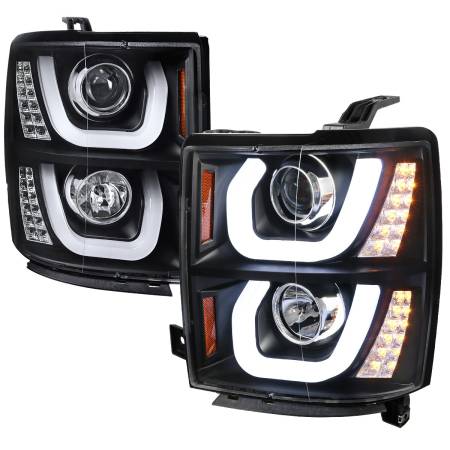 Spec'D Tuning Products - Spec-D 2014-2015 Chevrolet Silverado 1500 LED U-Bar Projector Headlights w/ LED Turn Signal Lights (Matte Black Housing/Clear Lens)