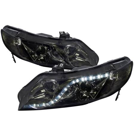 Spec'D Tuning Products - Spec-D 2006-2011 Honda Civic Sedan Projector Headlights w/ R8 Style LED Light Strip (Chrome Housing/Smoke Lens)