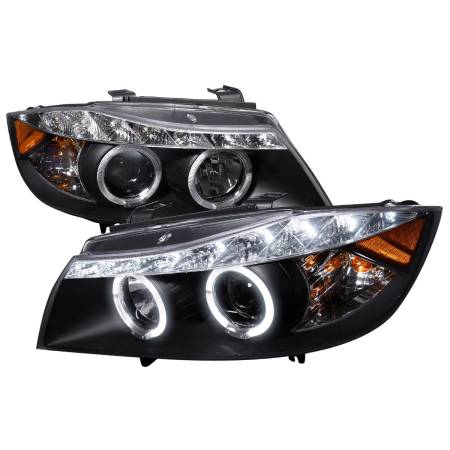 Spec'D Tuning Products - Spec-D 2006-2008 BMW E90 3 Series Sedan Dual Halo Projector Headlights w/ LED Light Strip (Matte Black Housing/Clear Lens)
