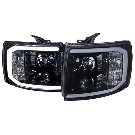 Spec'D Tuning Products - Spec-D 2007-2013 Chevrolet Silverado 1500/ 2007-2014 Silverado 2500HD 3500HD  LED C-Bar Projector Headlights (Glossy Black Housing/Smoke Lens)