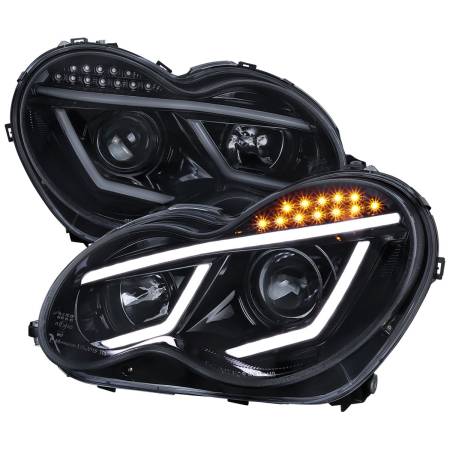 Spec'D Tuning Products - Spec-D 2001-2007 Mercedes Benz W203 C Class Sedan LED Bar Projector Headlights w/ LED Turn Signal Lights (Glossy Black Housing/Smoke Lens)
