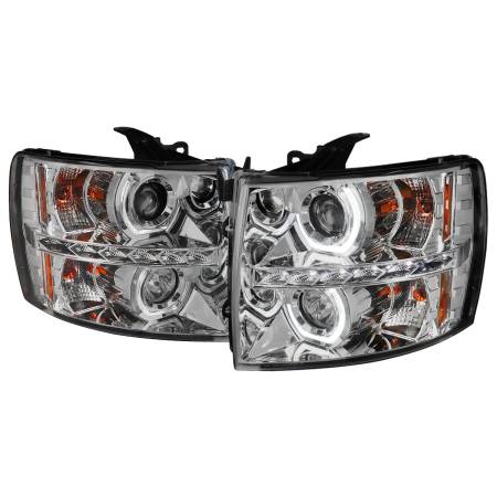 Spec'D Tuning Products - Spec-D 2007-2013 Chevrolet Silverado 1500/ 2007-2014 Silverado 2500HD 3500HD Dual U-Ring Halo Projector Headlights w/ LED Light Strip (Chrome Housing/Clear Lens)