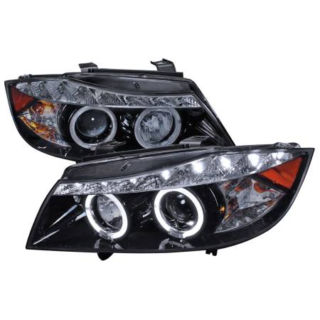 Spec'D Tuning Products - Spec-D 2006-2008 BMW E90 3 Series Sedan Dual Halo Projector Headlights w/ LED Light Strip (Glossy Black Housing/Smoke Lens)