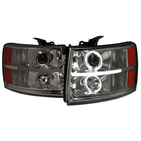Spec'D Tuning Products - Spec-D 2007-2013 Chevrolet Silverado 1500/ 2007-2014 Silverado 2500HD 3500HD Dual Halo Projector Headlights w/ LED Light Bar (Chrome Housing/Smoke Lens)