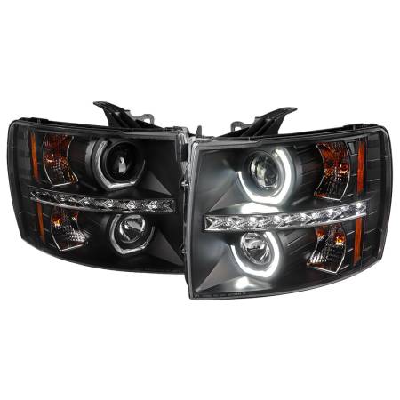 Spec'D Tuning Products - Spec-D 2007-2013 Chevrolet Silverado 1500/ 2007-2014 Silverado 2500HD 3500HD Dual U-Ring Halo Projector Headlights w/ LED Light Strip (Matte Black Housing/Clear Lens)