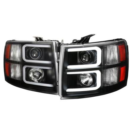 Spec'D Tuning Products - Spec-D 2007-2013 Chevrolet Silverado 1500/ 2007-2014 Silverado 2500HD 3500HD Dual LED C-Bar Projector Headlights (Matte Black Housing/Clear Lens)