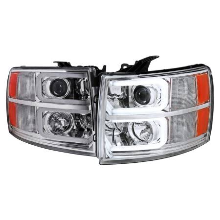 Spec'D Tuning Products - Spec-D 2007-2013 Chevrolet Silverado 1500/ 2007-2014 Silverado 2500HD 3500HD Dual LED C-Bar Projector Headlights (Chrome Housing/Clear Lens)