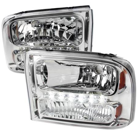 Spec'D Tuning Products - Spec-D 1999-2004 Ford F-250/F-350/F-450/F-550/Excursion Crystal Headlights w/ SMD LED Light Strip (Chrome Housing/Clear Lens)