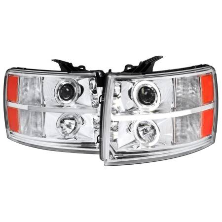 Spec'D Tuning Products - Spec-D 2007-2013 Chevrolet Silverado 1500/ 2007-2014 Silverado 2500HD 3500HD Dual Halo Projector Headlights w/ LED Light Bar (Chrome Housing/Clear Lens)