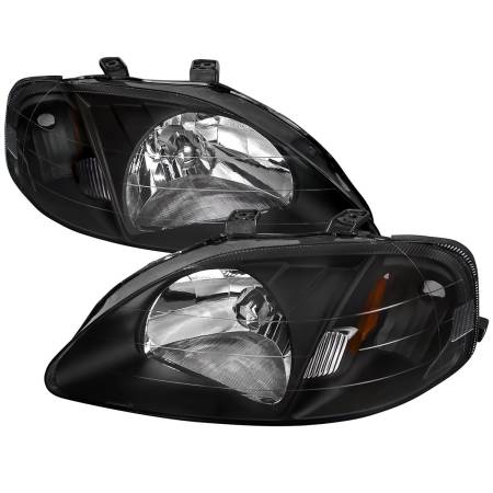 Spec'D Tuning Products - Spec-D 1999-2000 Honda Civic Crystal Headlights w/ Amber Reflector (Matte Black Housing/Clear Lens)